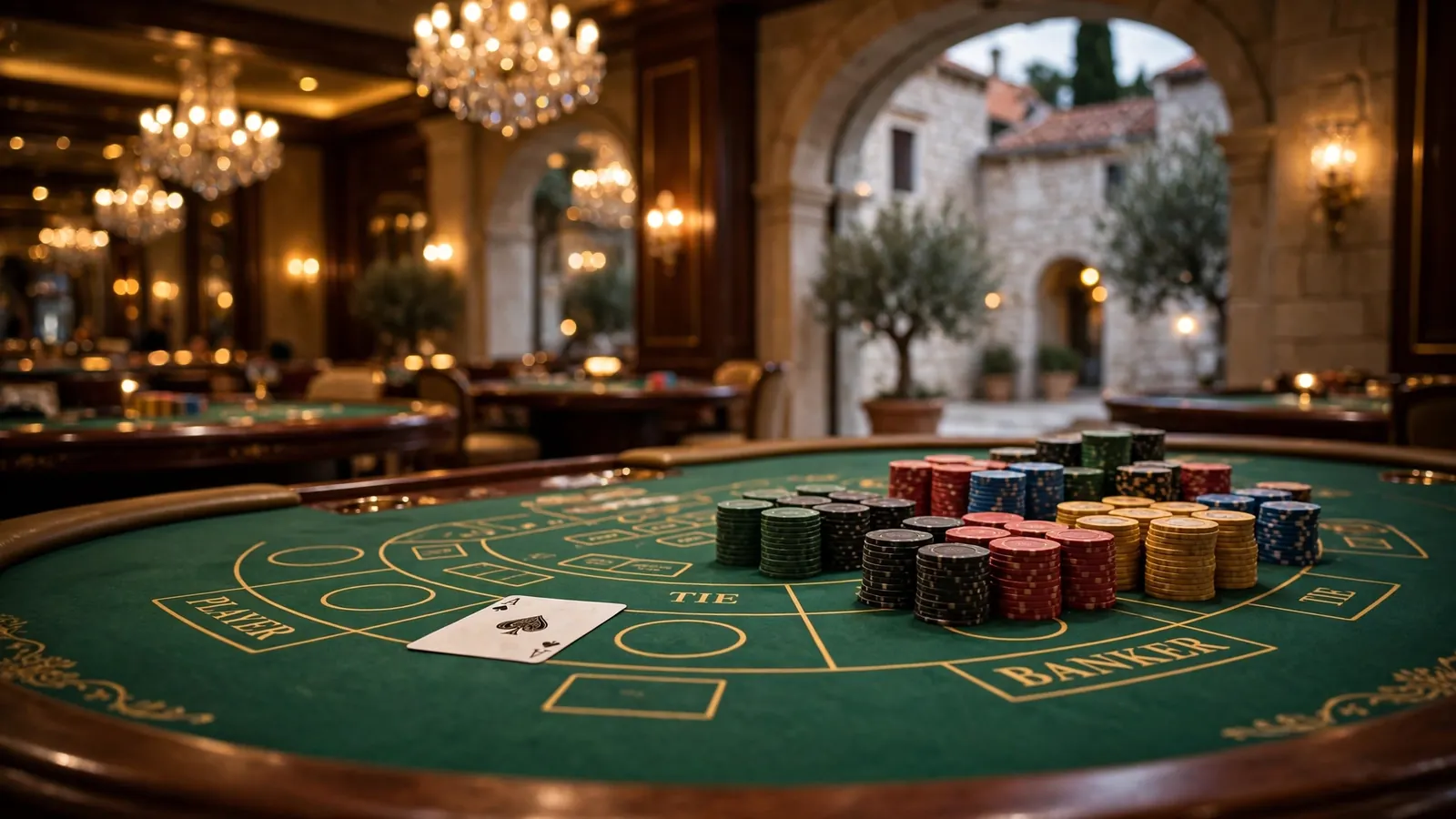 Elegantan baccarat stol u luksuznom kasinu s ulošcima i kartom