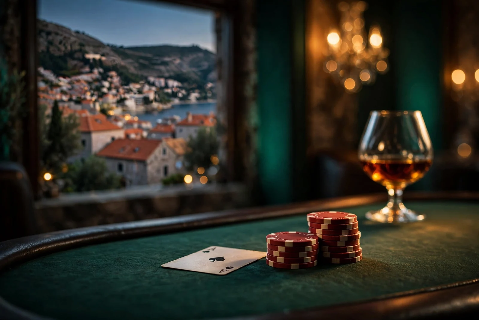 Stol za blackjack s ulošcima i kartom na zelenom suknu uz toplu ambijentalnu rasvjetu