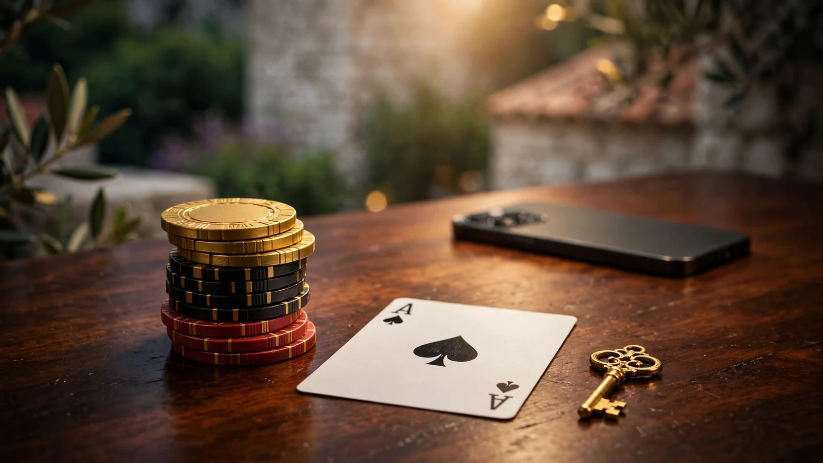 Hrpa casino žetona, as pik i maleni zlatni ključ na drvenom stolu