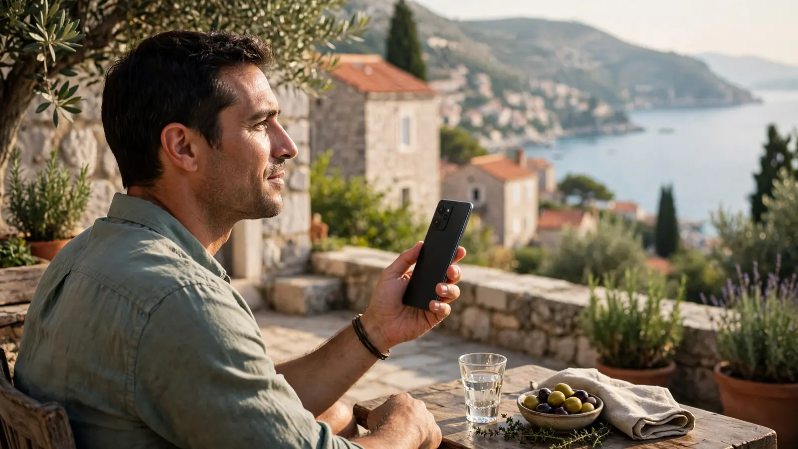 Osoba drži Android telefon na terasi uz jadransku obalu