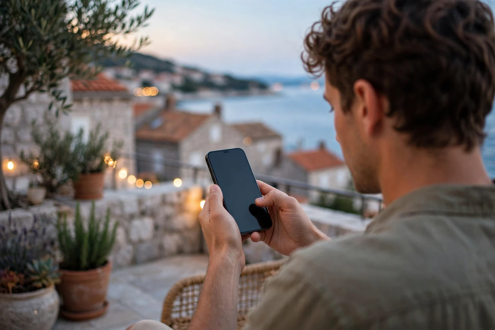 Mlada osoba drži iPhone na dalmatinskoj terasi uz more