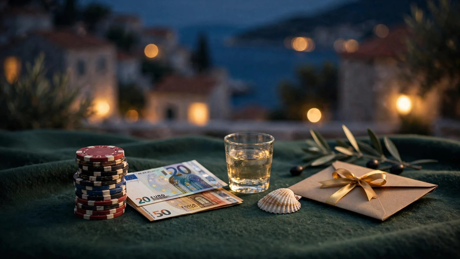 Stog casino žetona i dobrodošlica na zelenom stolu uz rakiju