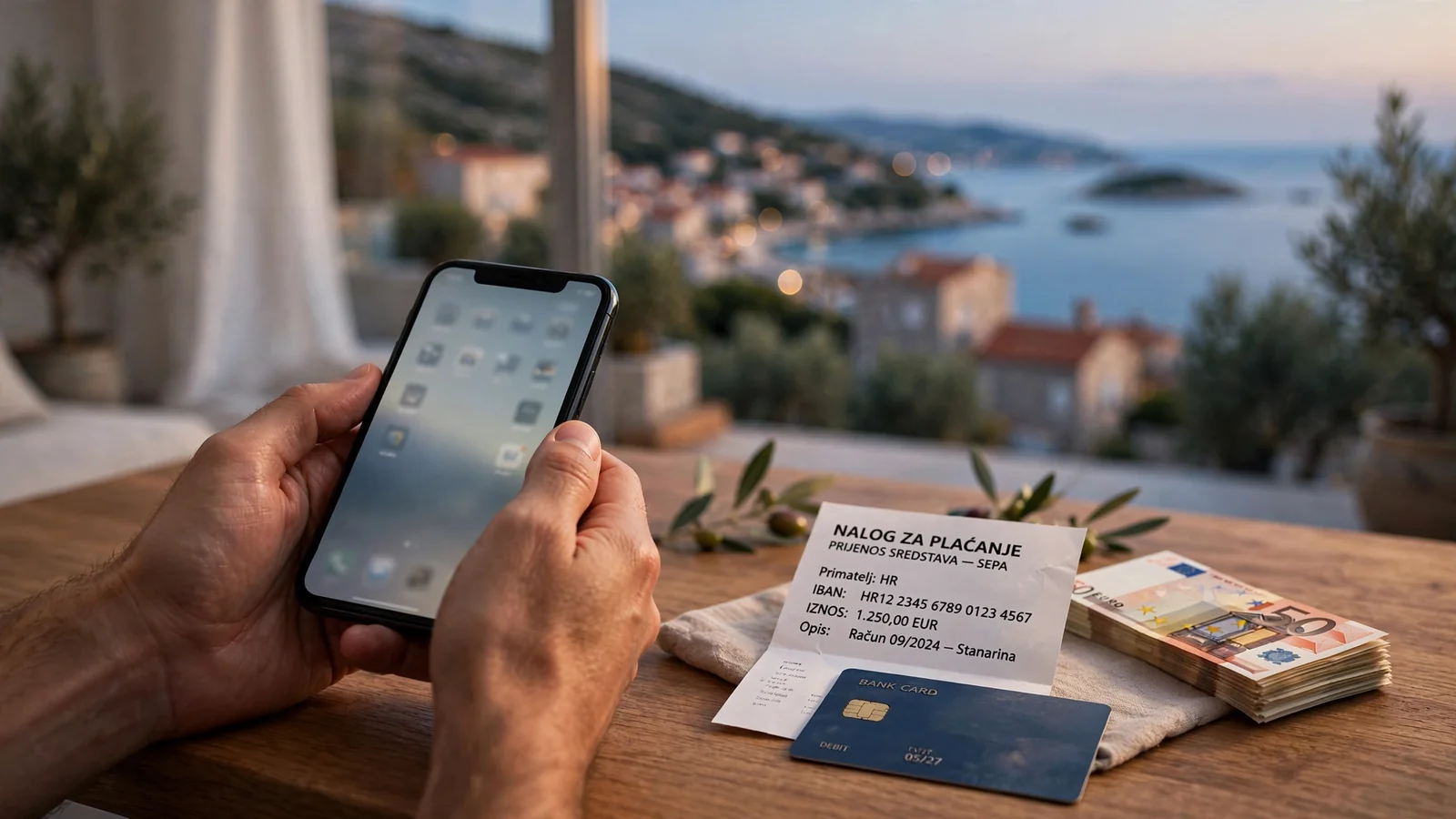 Hrvatske ruke uz telefon i bankovni transfer na stolu