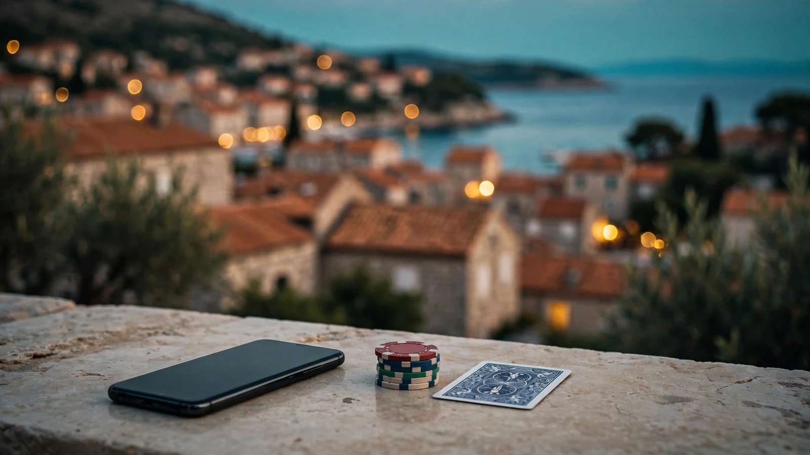 Telefon, žetoni i kartica na stolu s pogledom na hrvatsku obalu