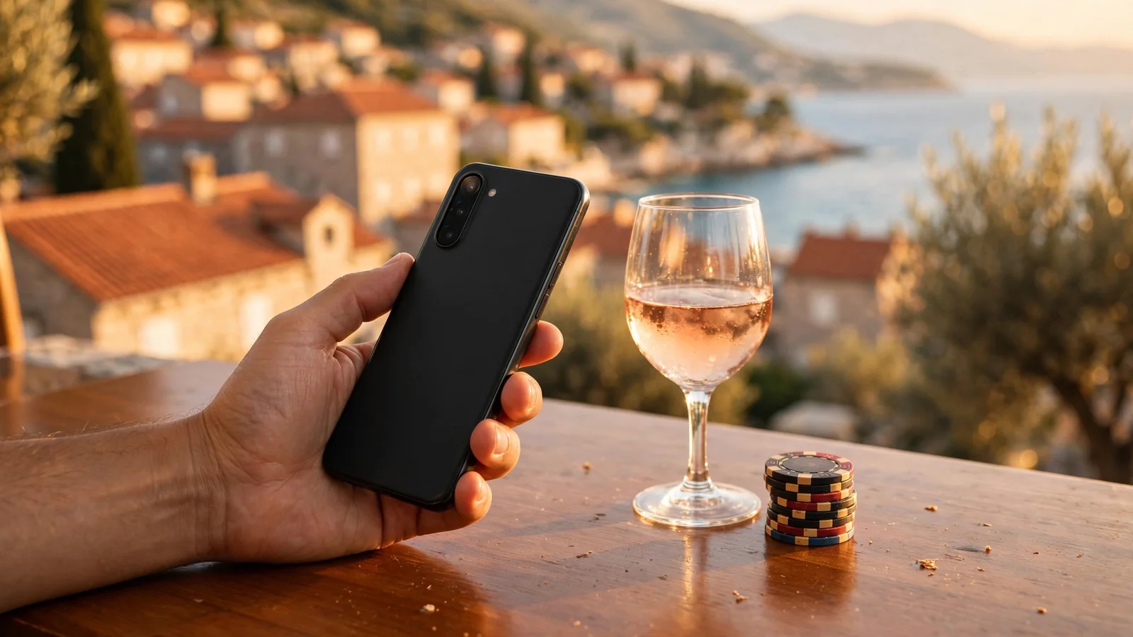 Ručno držanje pametnog telefona uz čipove i čašu vina na stolu
