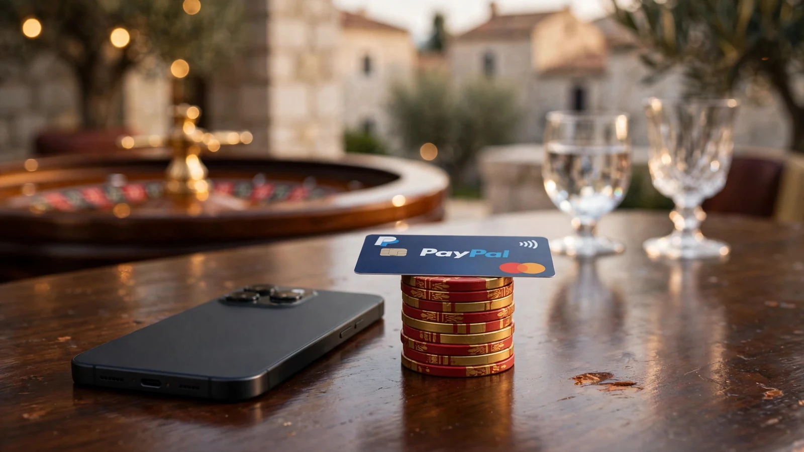 Stol u casinu sa žetonima, pametnim telefonom i PayPal karticom