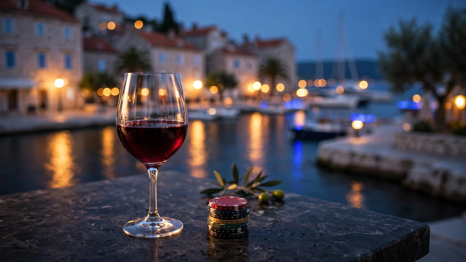 Hrvatska, casino čipovi i čaša vina uz more noću