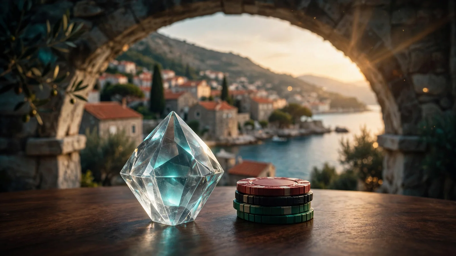 Ethereum kristalni simbol uz hrpu casino žetona na stolu s pogledom na hrvatski primorski grad
