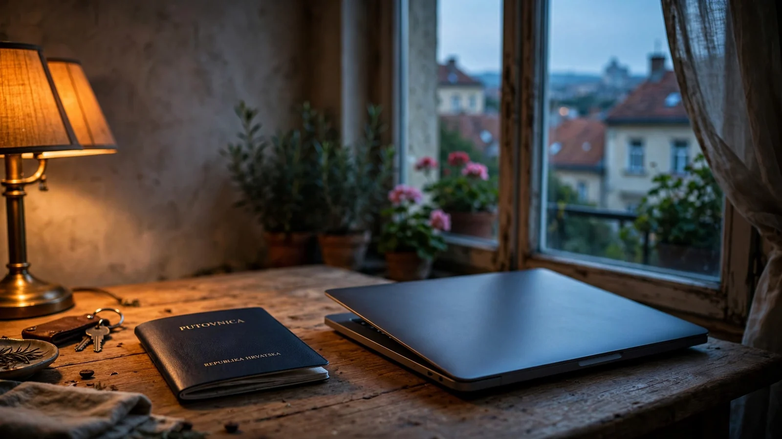 Zatvoreni laptop i putovnica na stolu uz toplo i hladno osvjetljenje.