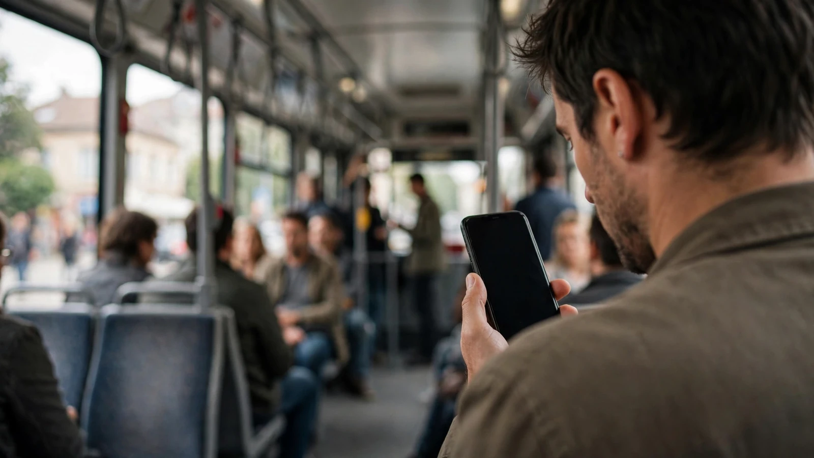 Osoba drži mobilni telefon u javnom prostoru, zaslon okrenut od pogleda.