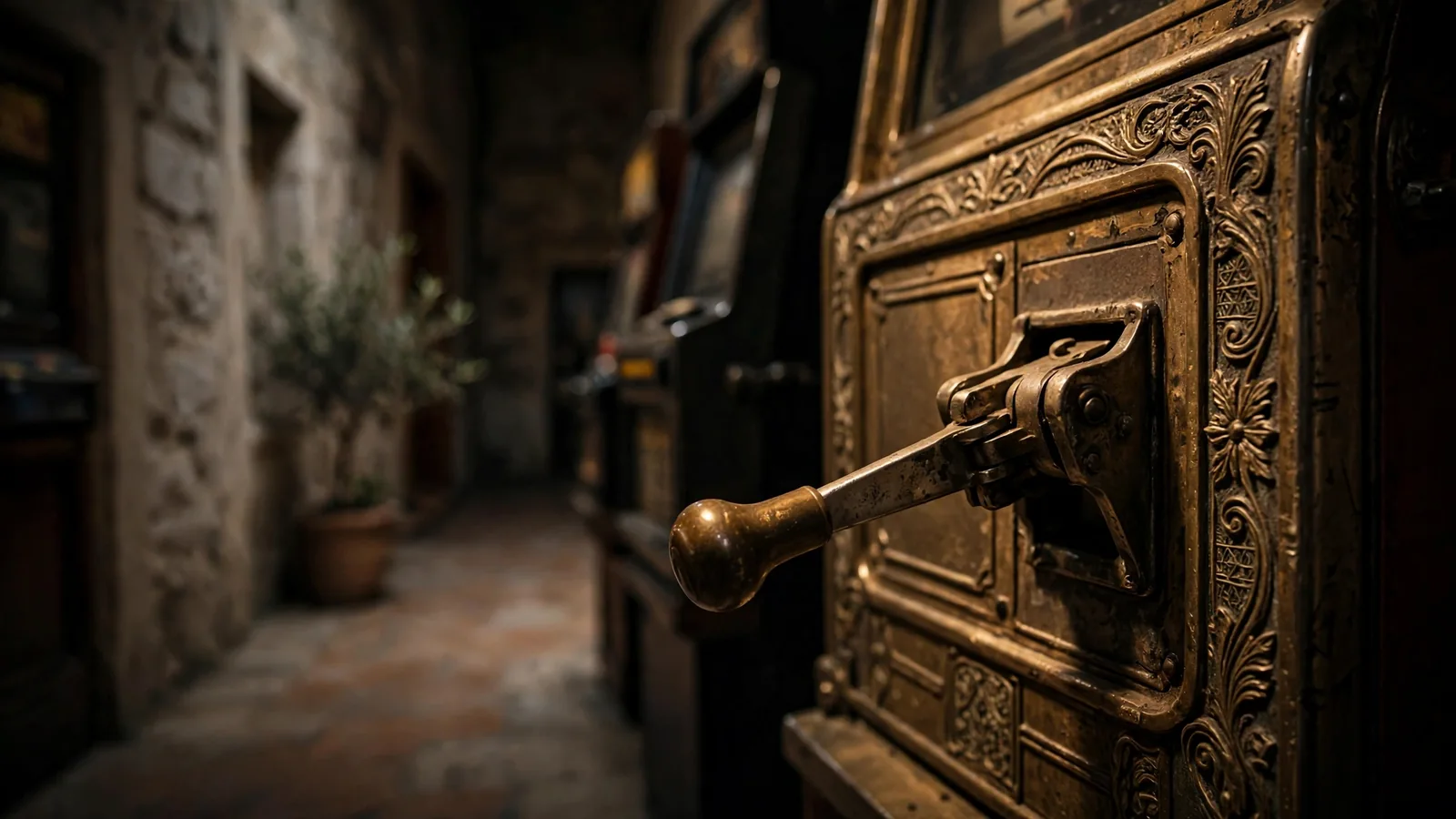 Detalj metalnog automata za igre na sreću u tamnoj dvorani.