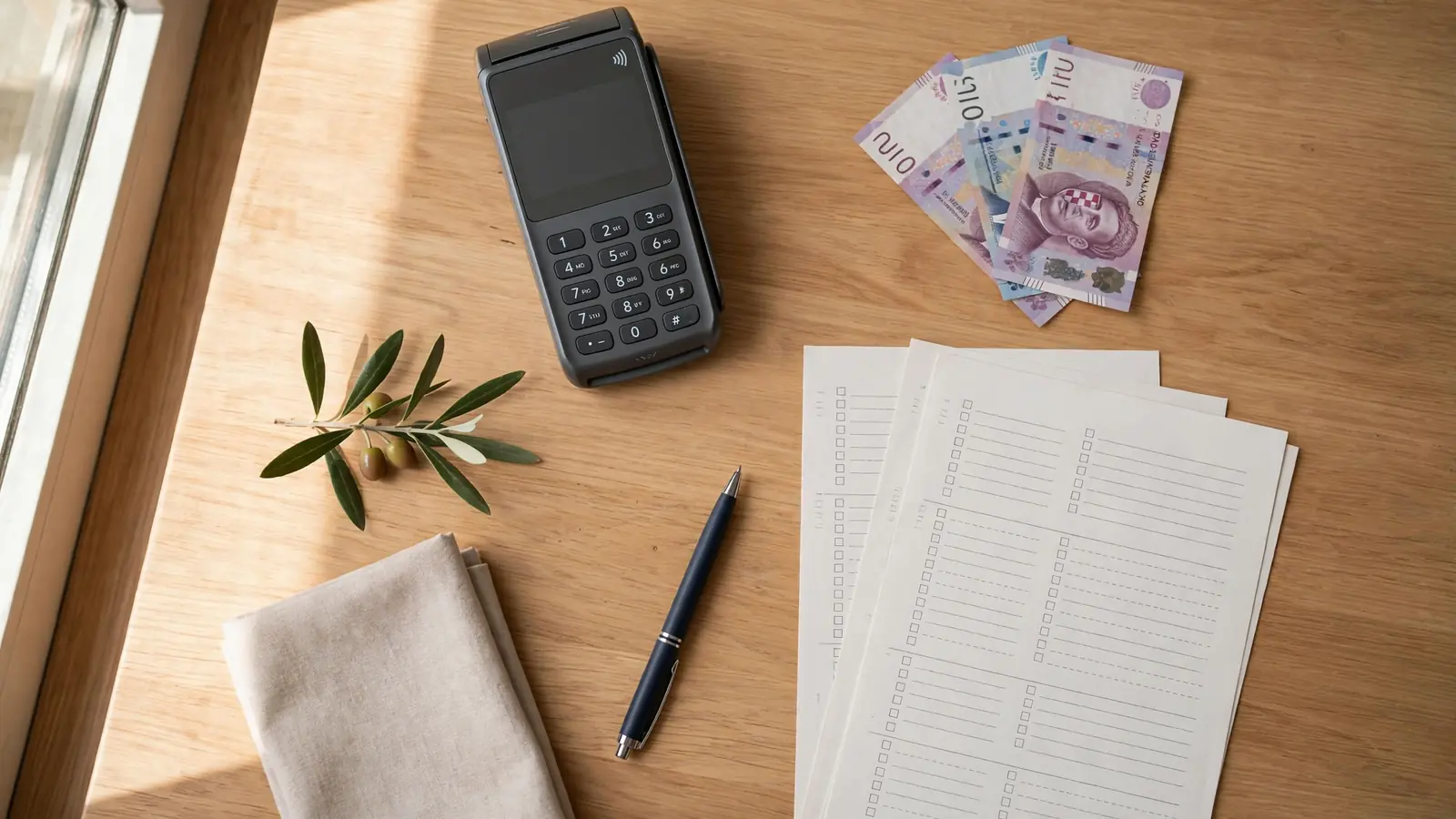 Drveni stol s platnim terminalom, dokumentima i banknotama.
