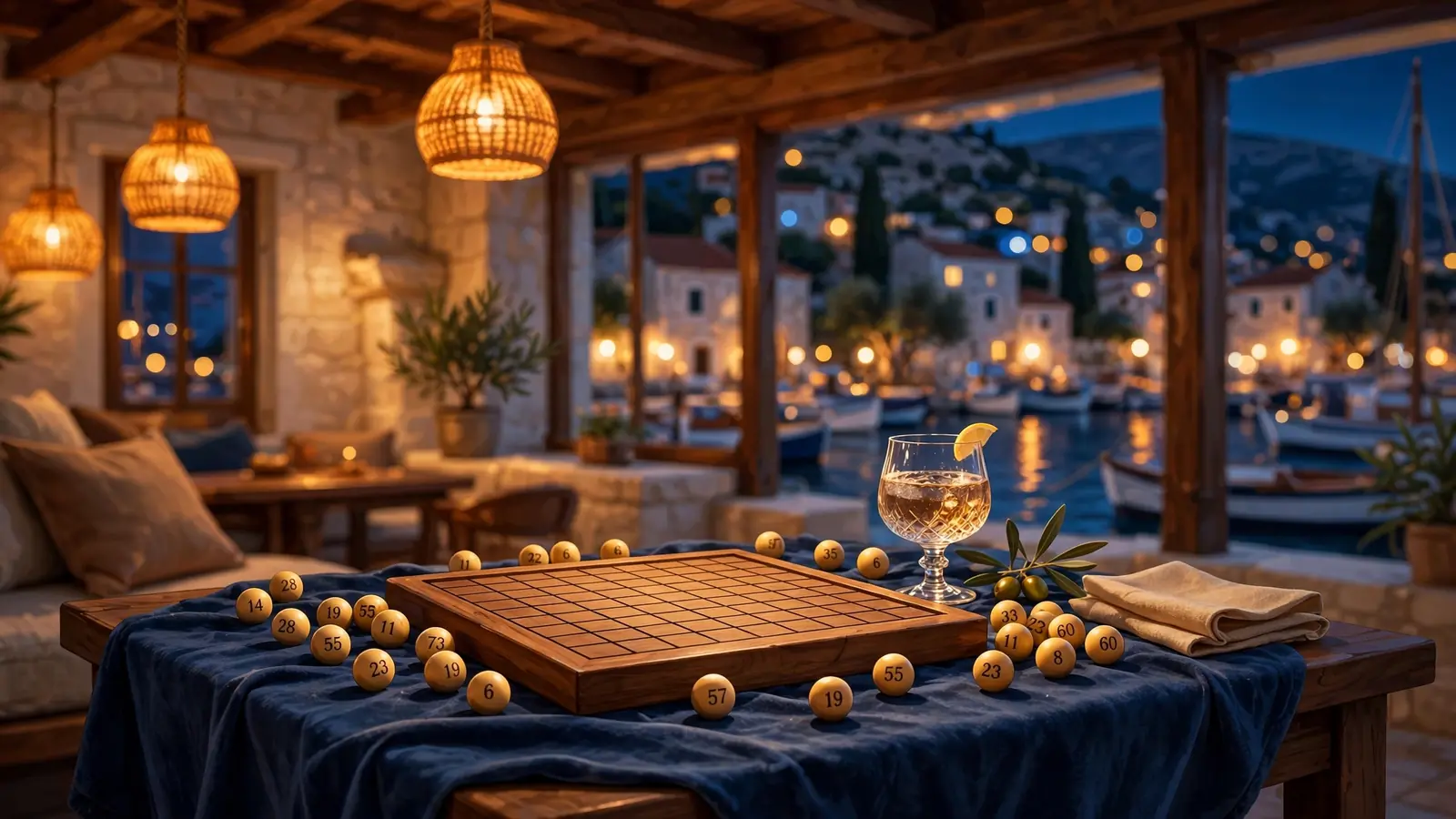 Hrvatska casino lounge uz more s keno pločom i okruglim kuglicama