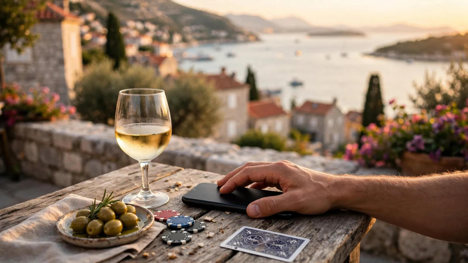 Ruka s telefonom na stolu uz žetone i vino na hrvatskoj terasi