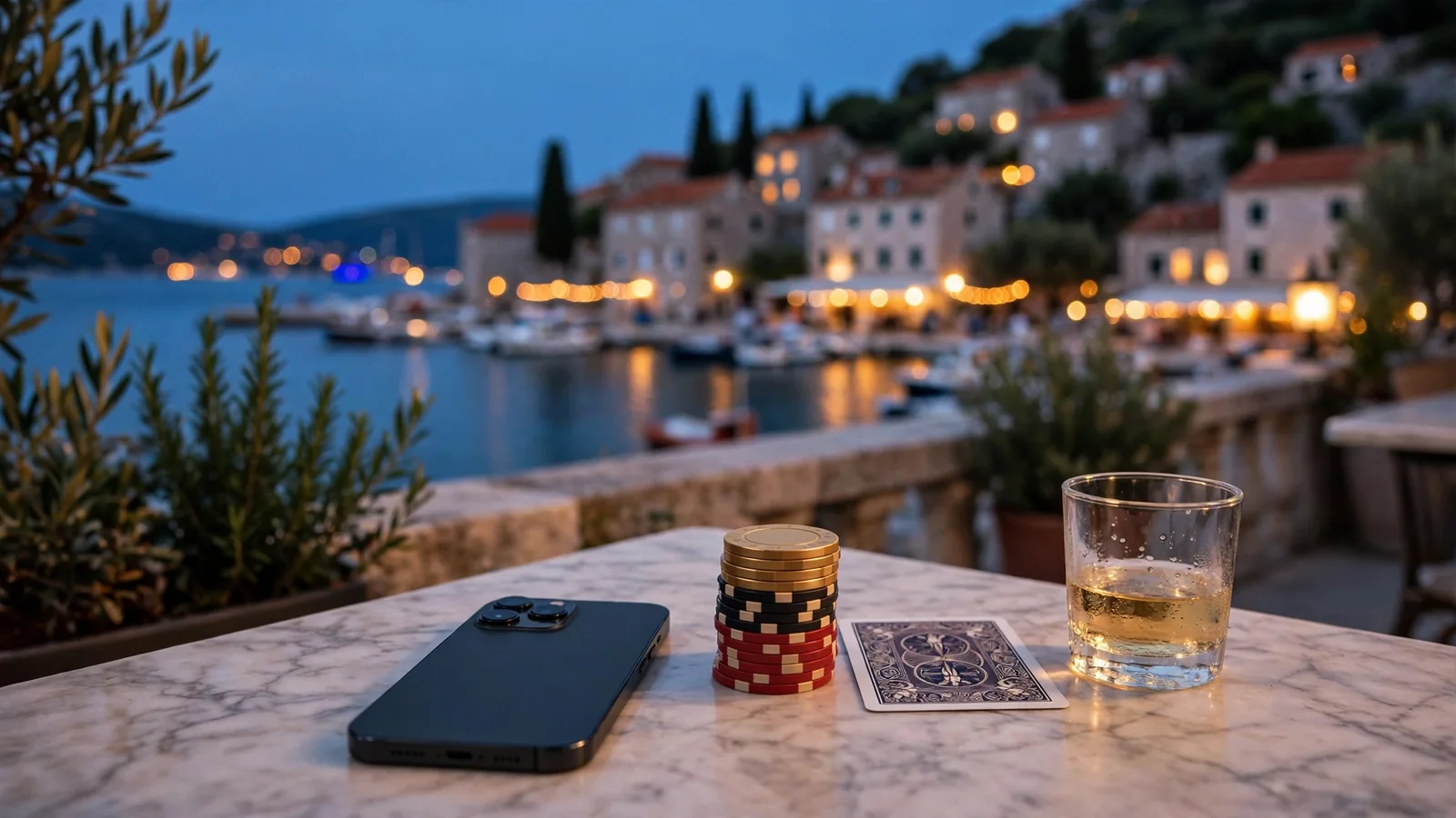 Pametni telefon okrenut na stolu s kockicama za poker na terasi s pogledom na hrvatsku obalu