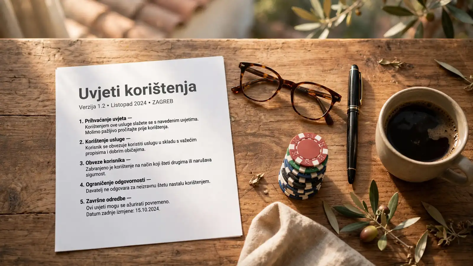 Dokument s uvjetima korištenja na drvenom stolu s naočalama, perom i kockarničkim žetonima.