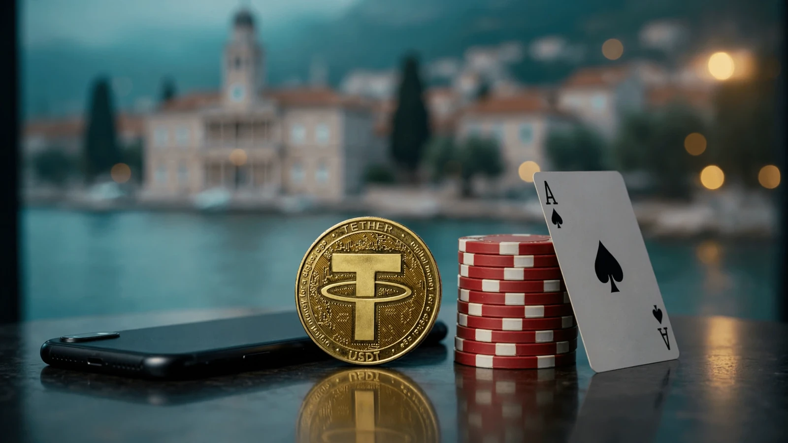 USDT kovanica, kockice i telefon uz dalmatinsku obalu