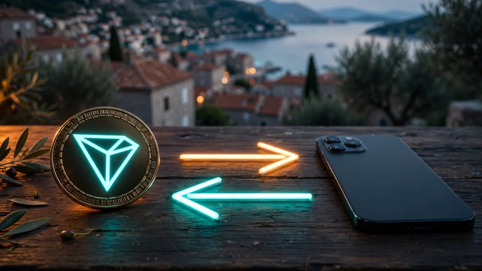 Kriptovaluta i mobilni novčanik na stolu uz dvosmjerni tok sredstava